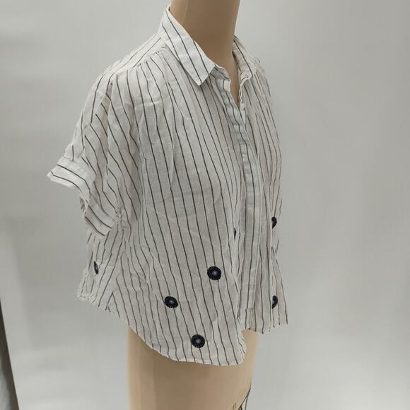 Sz S Madewell Striped Embroidered Button Up Blouse Top Short Sleeve white - Picture 10 of 16